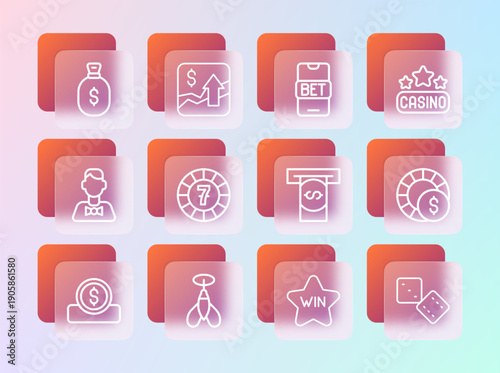 Set line Casino signboard, Dart arrow, Automated teller machine and money, win, chips, Online sports betting, Money bag and Financial growth increase icon. Vector