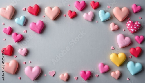 Colorful Heart Shapes in Various Sizes Arranged on a Gray Background for Festive Occasions