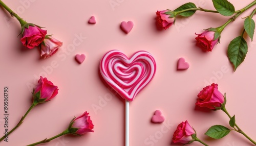 Colorful Heart-Shaped Lollipop Surrounded by Fresh Roses and Sweet Candy Hearts on Pink Background
