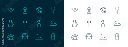Set line Lollipop, Frankenstein face, Pirate hook, Moon and stars, Trident devil, Flying bat and Tombstone with cross icon. Vector