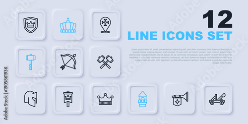 Set line Trumpet with flag, Medieval catapult, bow and arrow, Castle tower, Battle hammer, King crown and icon. Vector
