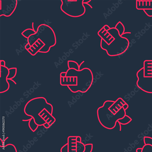 Red line Apple and measuring tape icon isolated seamless pattern on black background. Excess weight. Healthy diet menu. Fitness diet apple. Vector