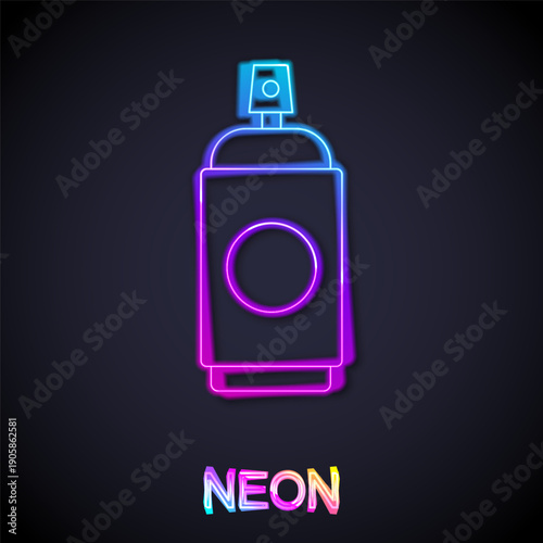 Glowing neon line Paint spray can icon isolated on black background. Vector