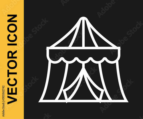 White line Circus tent icon isolated on black background. Carnival camping tent. Amusement park. Vector