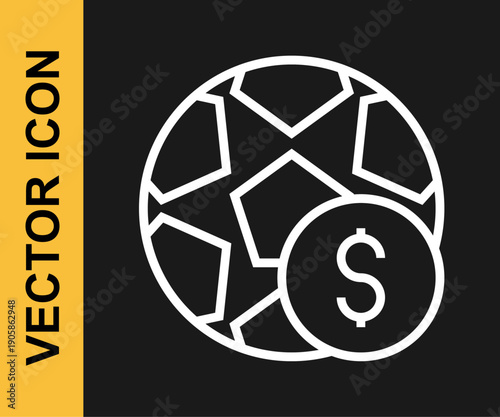 White line Soccer football betting money icon isolated on black background. Football bet bookmaker. Soccer betting online make money. Vector