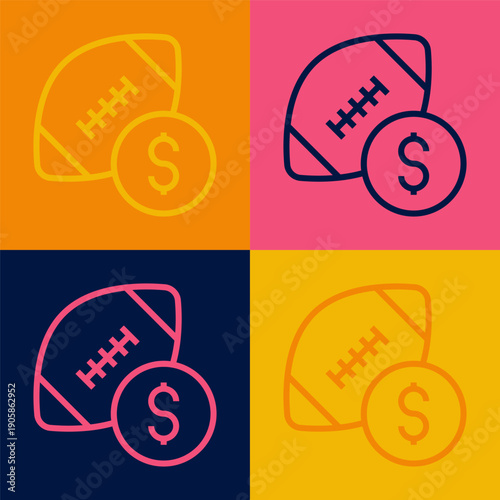 Pop art line American football betting money icon isolated on color background. Football bet bookmaker. Soccer betting online make money. Vector