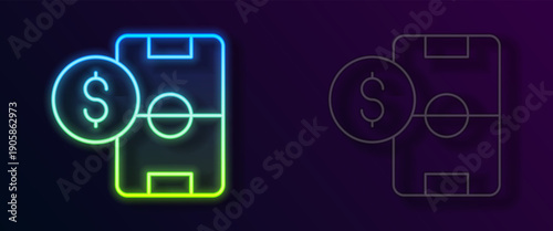 Glowing neon line Soccer football betting money icon isolated on black background. Football bet bookmaker. Soccer betting online make money. Vector