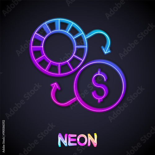 Glowing neon line Casino chips exchange on dollar icon isolated on black background. Vector