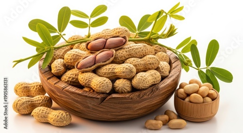 Freshly harvested peanuts in shell displayed in rustic bowls surrounded by green foliage
