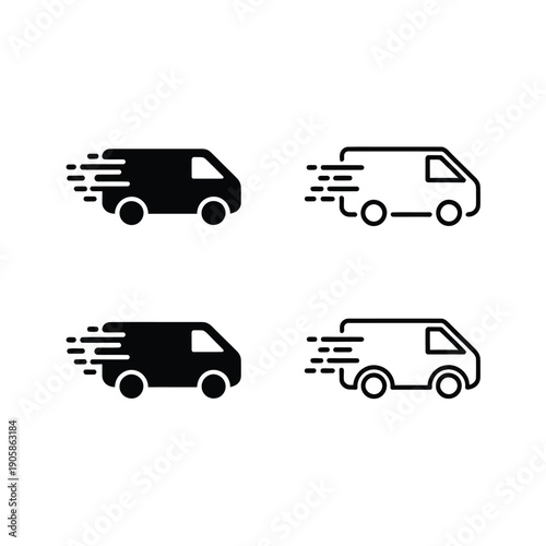 Delivery vehicles with speed lines van and truck icon set