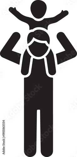 A person carrying a child on their shoulders while raising their arms