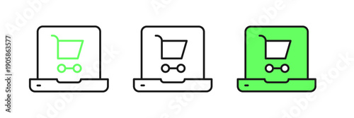 Set line Shopping cart on screen laptop icon isolated on white background. Concept e-commerce, e-business, online business marketing. Vector