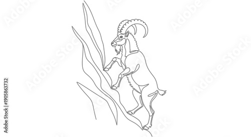 goat climbing mountain with plants