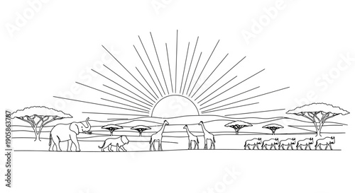 African savannah sunrise with elephants and acacia trees