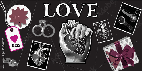 Vintage love symbols collage with hearts hands and romantic objects
