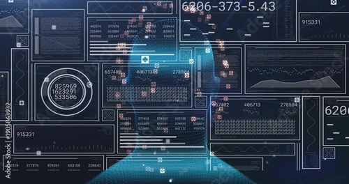 Glowing scan beam starting analysis, blue mesh head rotating right, markers migrating, HUD updating