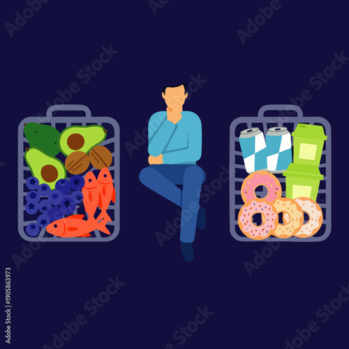 Man contemplating healthy food choices versus unhealthy junk food options, representing diet and lifestyle decisions.