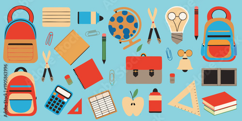 Colorful school supplies arranged on a light blue background