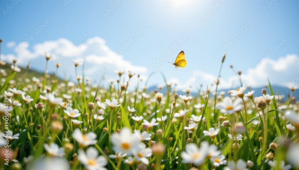 Obraz premium Yellow Butterfly Flying Over Blooming White Daisies Under Bright Blue Sky with Clouds