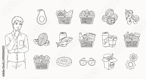 Man Contemplating Food Choices and Grocery Shopping Items, Detailed Line Art Vector Icons Collection for Lifestyle and Retail Concepts