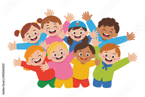 Diverse group of happy children with arms raised in a playful greeting, celebrating togetherness.