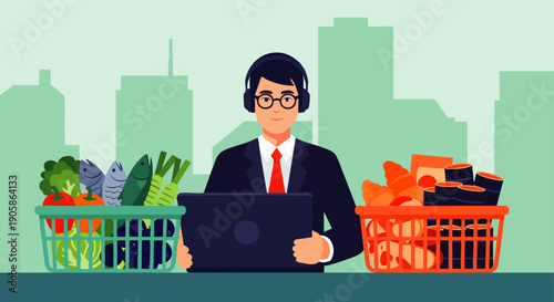 Businessman with headphones and laptop surrounded by shopping baskets filled with groceries and food, representing online shopping and delivery