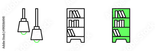 Set line Library bookshelf icon isolated on white background. Vector