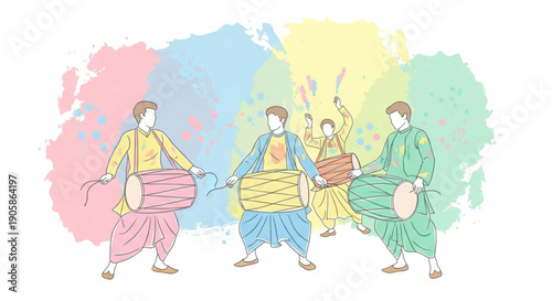 Dhol players celebrating Holi festival traditional Indian musicians with colorful powder splashes vector illustration for cultural ev