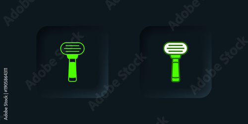 Green Shaving razor icon isolated on black background. Black square button. Vector