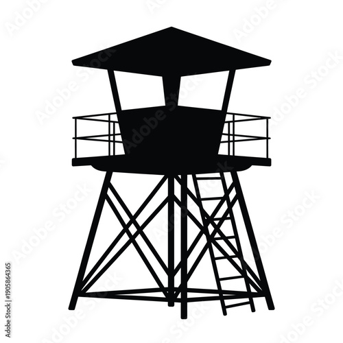 A stark black silhouette of a guard tower with accessible ladder