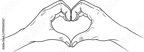 Black and white line art illustration of two hands forming heart shape gesture symbolizing love, unity, affection, and romance