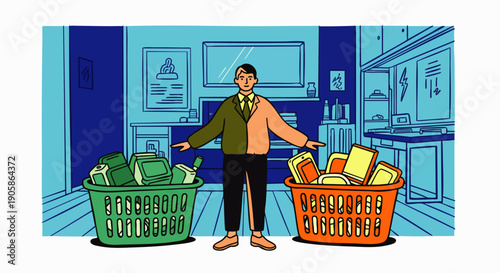 Man in two-tone jacket balancing options between two laundry baskets filled with distinct categories of items, representing choices, data, or assets in business decisions.