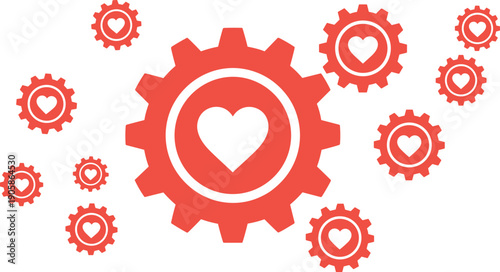 Red gear icons with white heart centers, mechanical love vector illustration symbolizing compassion in technology, emotional intelligence, and systematic design