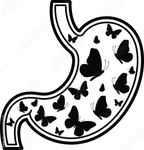 Stylized human stomach illustration filled with butterflies, symbolic vector design representing nervousness, excitement, anxiety, and emotional feelings