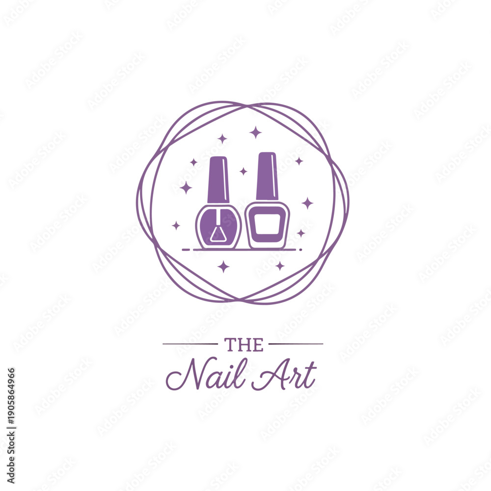 Obraz premium Minimalist Nail Art Vector Emblem with Polish Bottles and Stars for Beauty Services