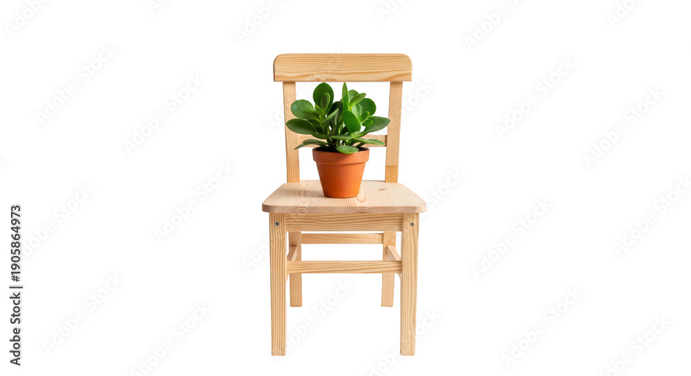 Fototapeta premium Small green plant in a pot on a wooden chair on transparent background png (कुर्सी पर छोटा पौधा)
