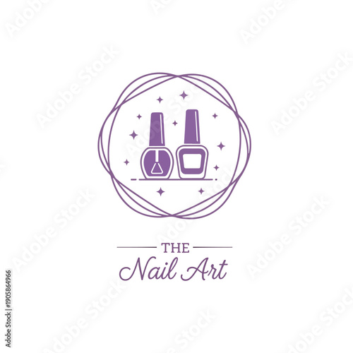 Minimalist Nail Art Vector Emblem with Polish Bottles and Stars for Beauty Services