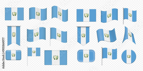 Set of Guatemala flags in various shapes and forms, including waving, rectangular, and rounded designs, isolated on a transparent background.