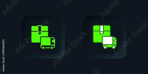 Green Delivery cargo truck vehicle icon isolated on black background. Black square button. Vector