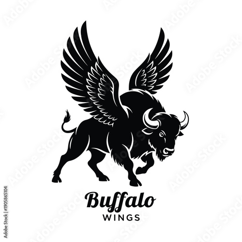 Dynamic Vector Illustration of a Mythical Winged Bison in Flight Pose, Powerful Emblem