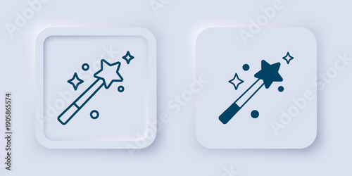 Filled and outline Magic wand icon isolated on grey background. Star shape magic accessory. Magical power. Square button. Vector