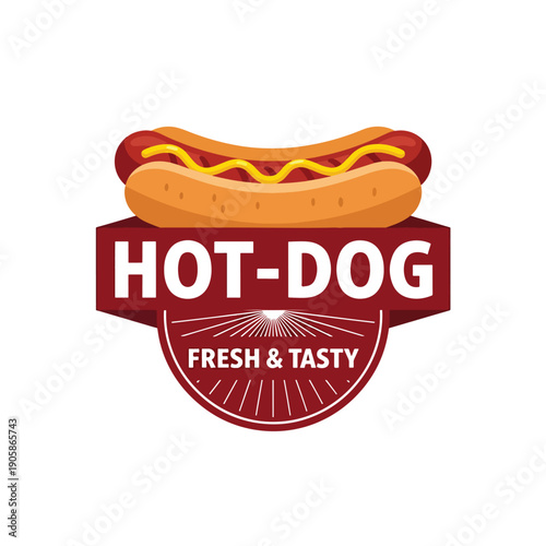 Flat design illustration of a classic hot dog with mustard on a fresh and tasty food emblem logo graphic