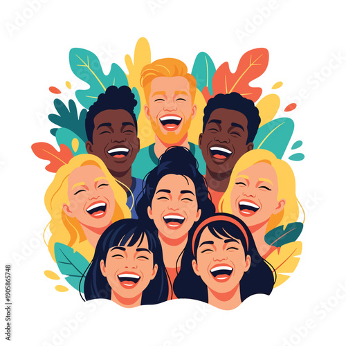 Diverse group of happy people laughing together, an illustration of friendship and global community joy