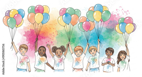 Diverse children holding colorful balloons celebrating with vibrant paint splashes perfect for party invitations and summer events