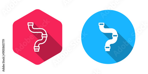 Filled and outline Industry metallic pipe icon isolated with long shadow background. Plumbing pipeline parts of different shapes. Vector