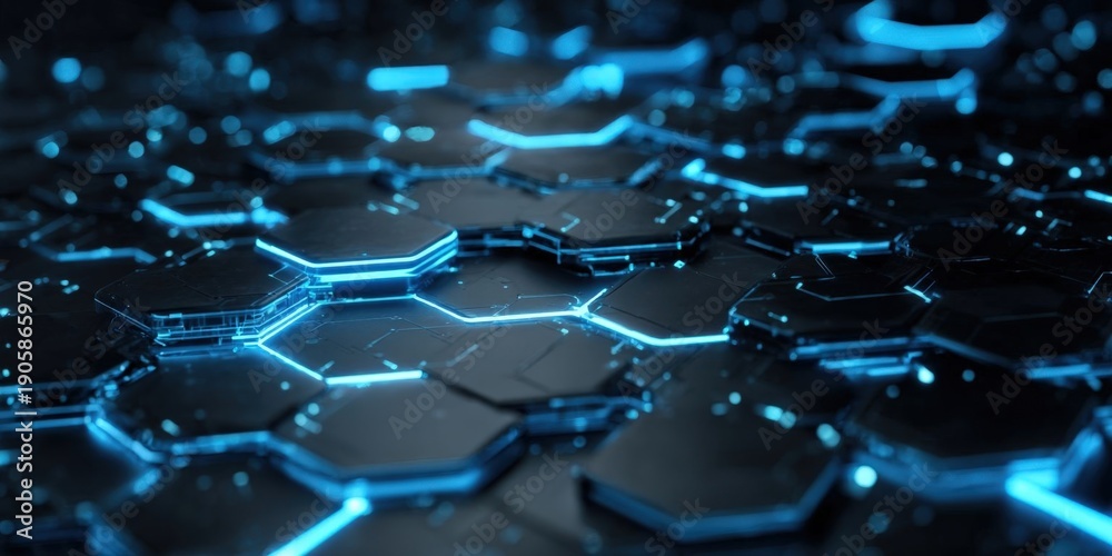 Fototapeta premium Futuristic Cyber-themed Digital Interface with Neon Blue Glowing Paths and Hexagonal Layers