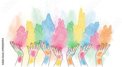 Colorful Holi powder exploding from hands celebrating festival of colors concept of joy and unity isolated on white background
