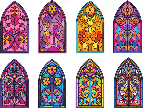 Colorful stained glass windows with floral colorful arched church windows