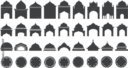 Dark gray Indian architectural silhouettes and floral patterns on white background Indian architecture