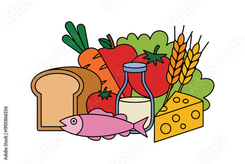 Vibrant assortment of healthy foods including fish, bread, milk, vegetables, and cheese.